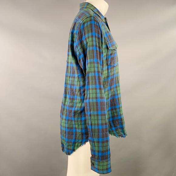 VINCE Size S Green Blue Plaid Cotton Blend Raw Edge Long Sleeve Shirt - Picture 2 of 7